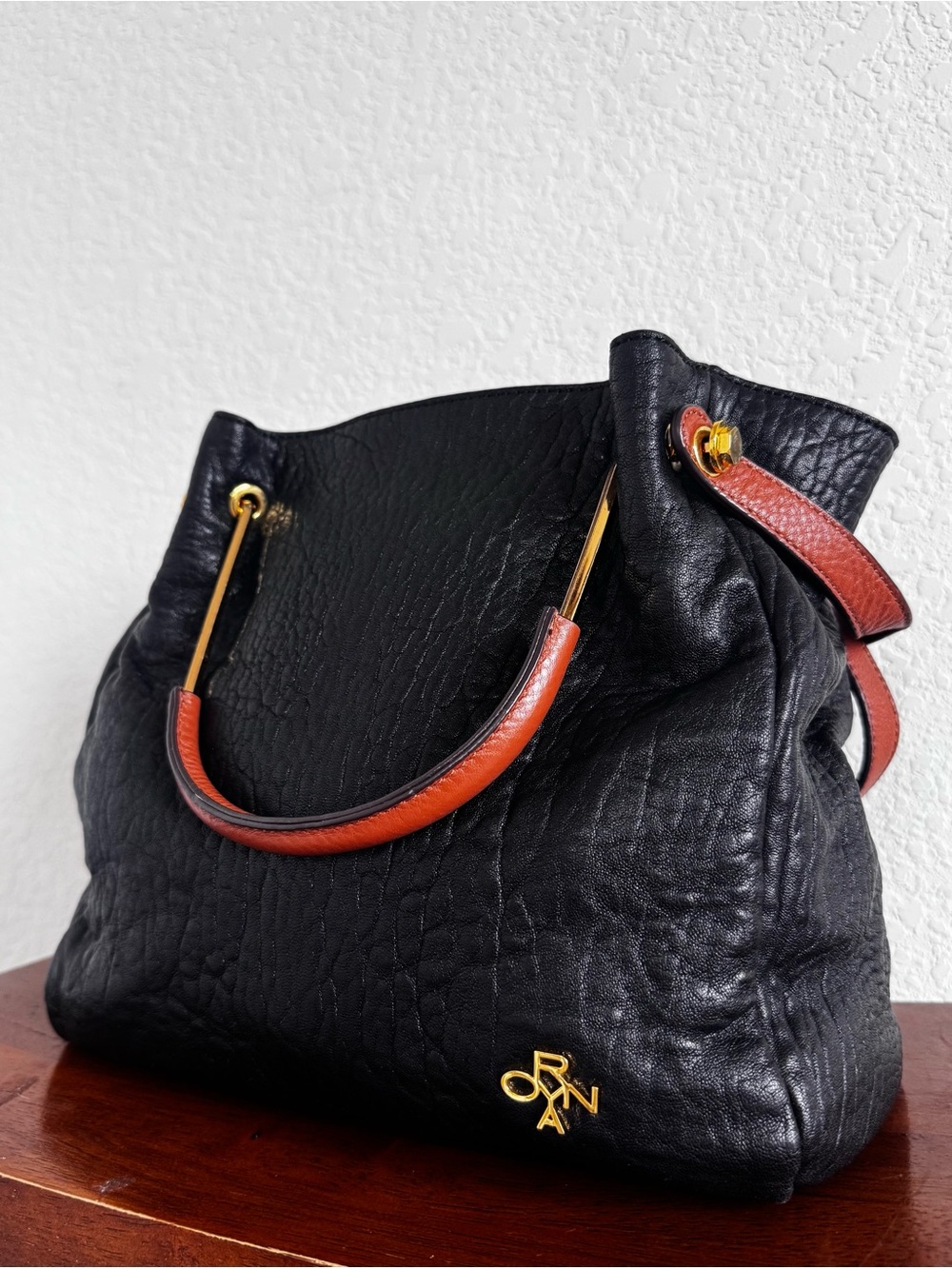 Oryany Black Leather Tote Bag Cognac Straps Gold Hardware